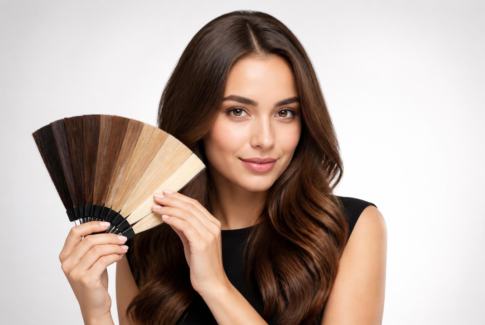 Client holding hair colour swatches beside her hair during a Utah colour consultation