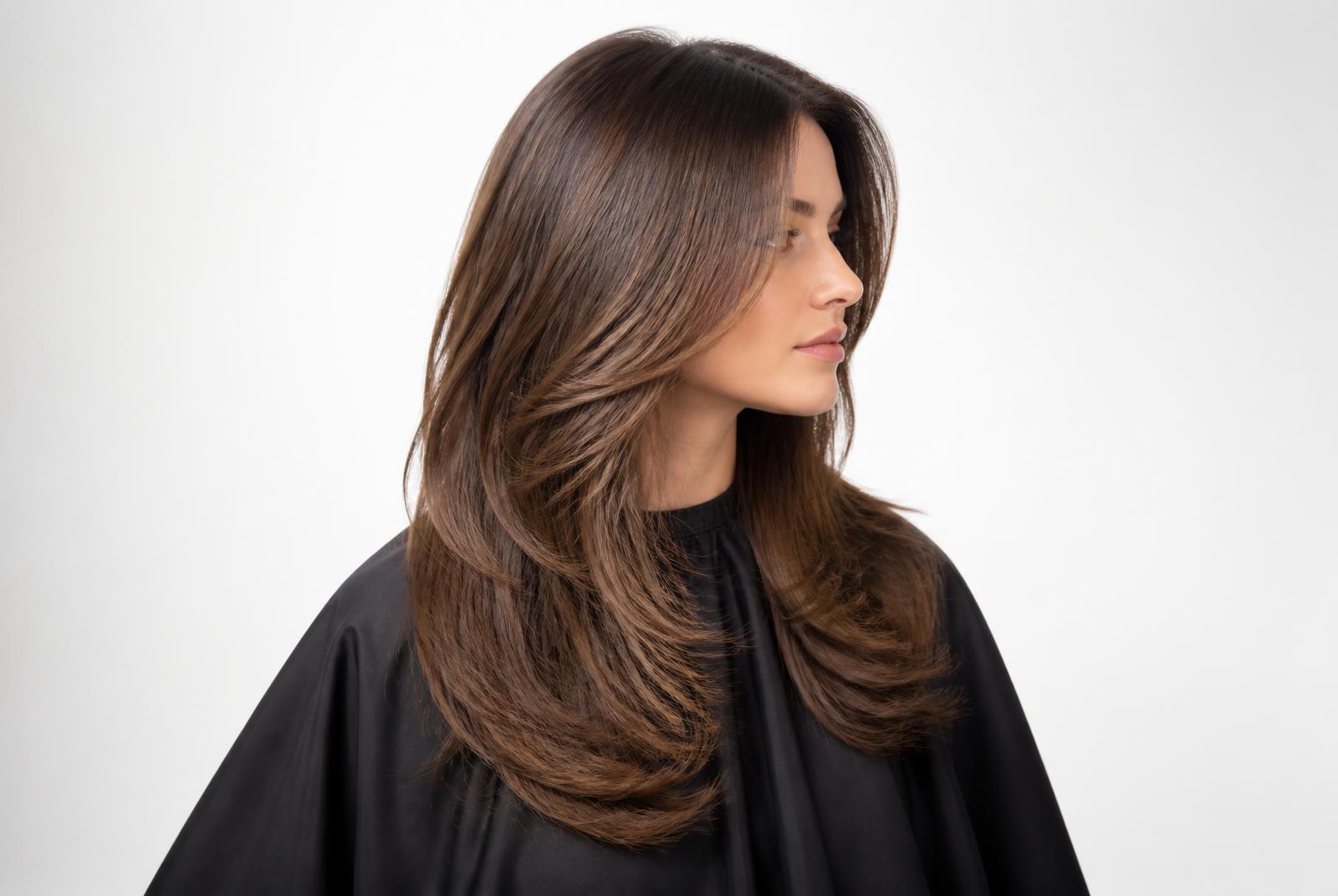 Client in a black salon cape after a colour correction appointment in Utah