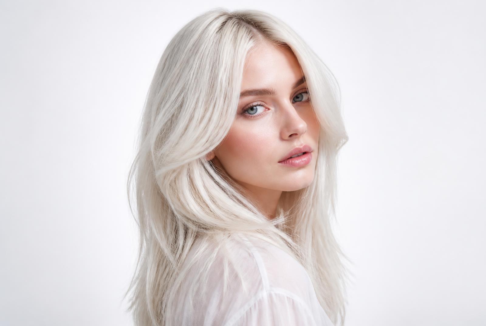 Icy platinum blonde hair finished on a light studio background in Utah