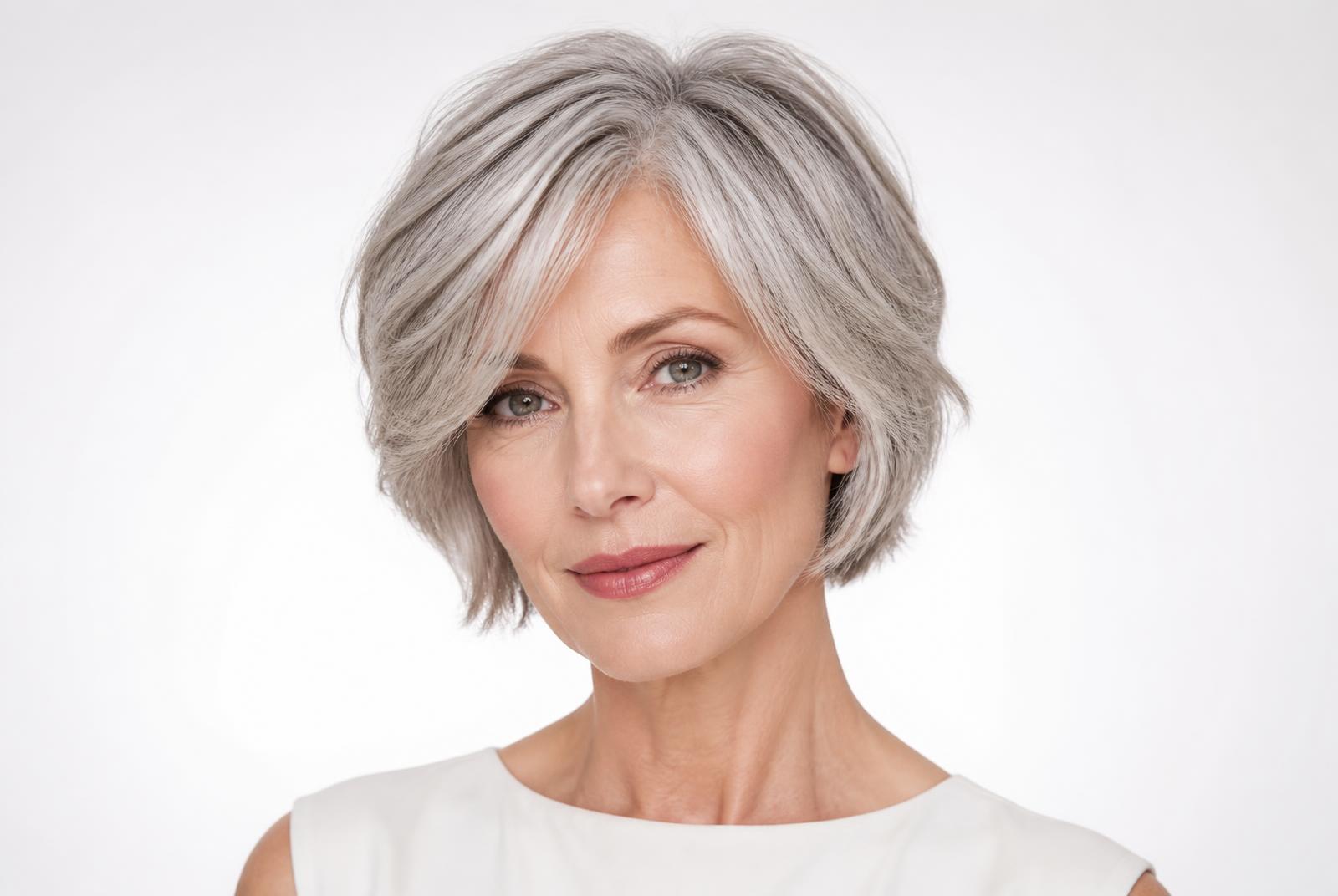 Silver grey blended hair with soft dimension on a light studio background in Utah
