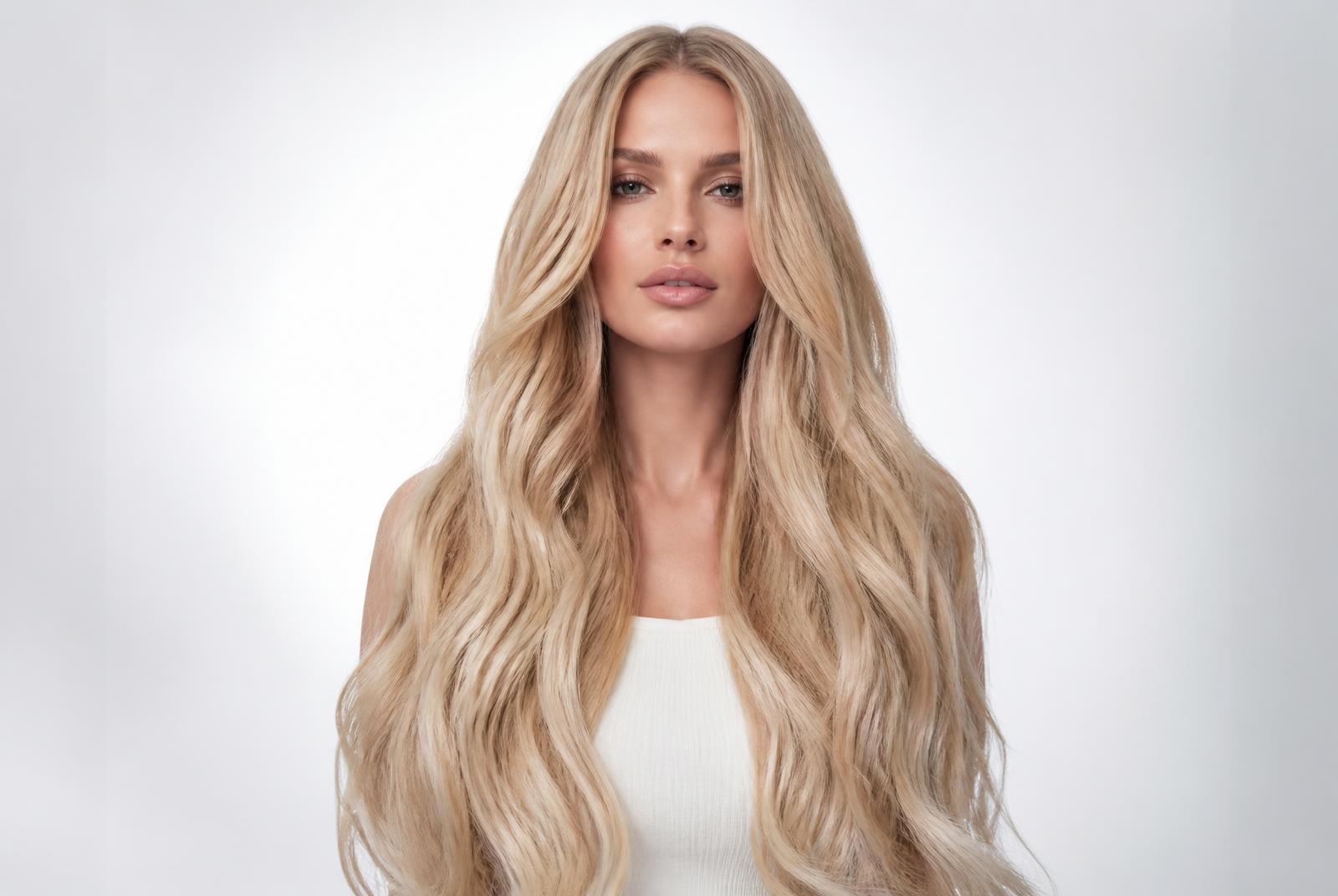 Long thick blonde hair with seamless extensions on a light studio background in Utah
