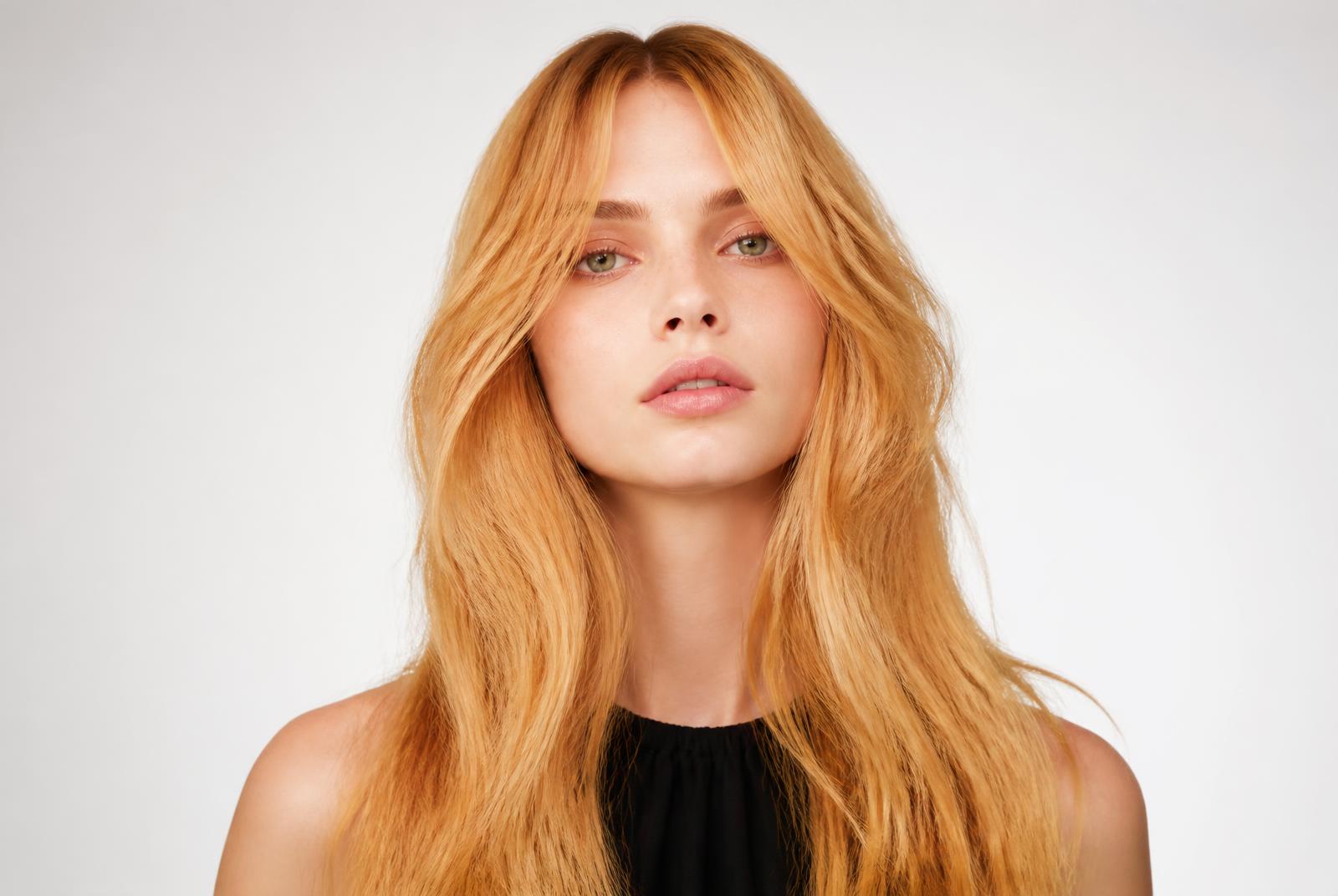 Brassy orange lightened hair on a light studio background at a Utah colour salon