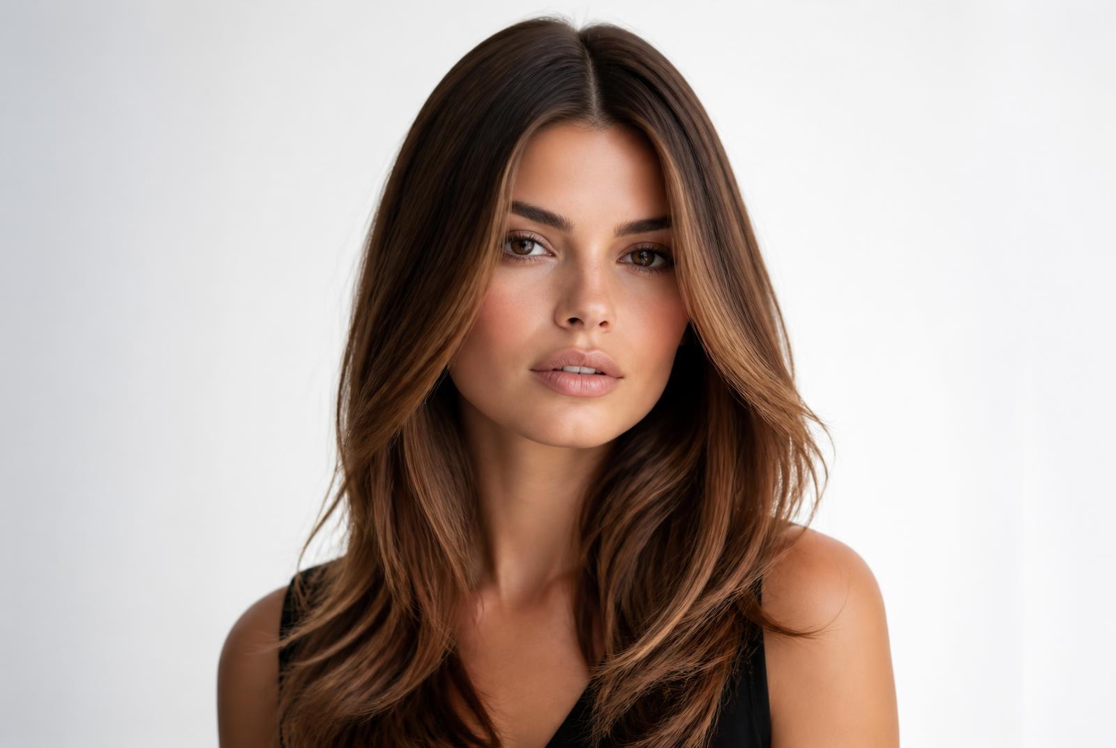 Fresh root colour and caramel brunette hair on a light studio background in Utah