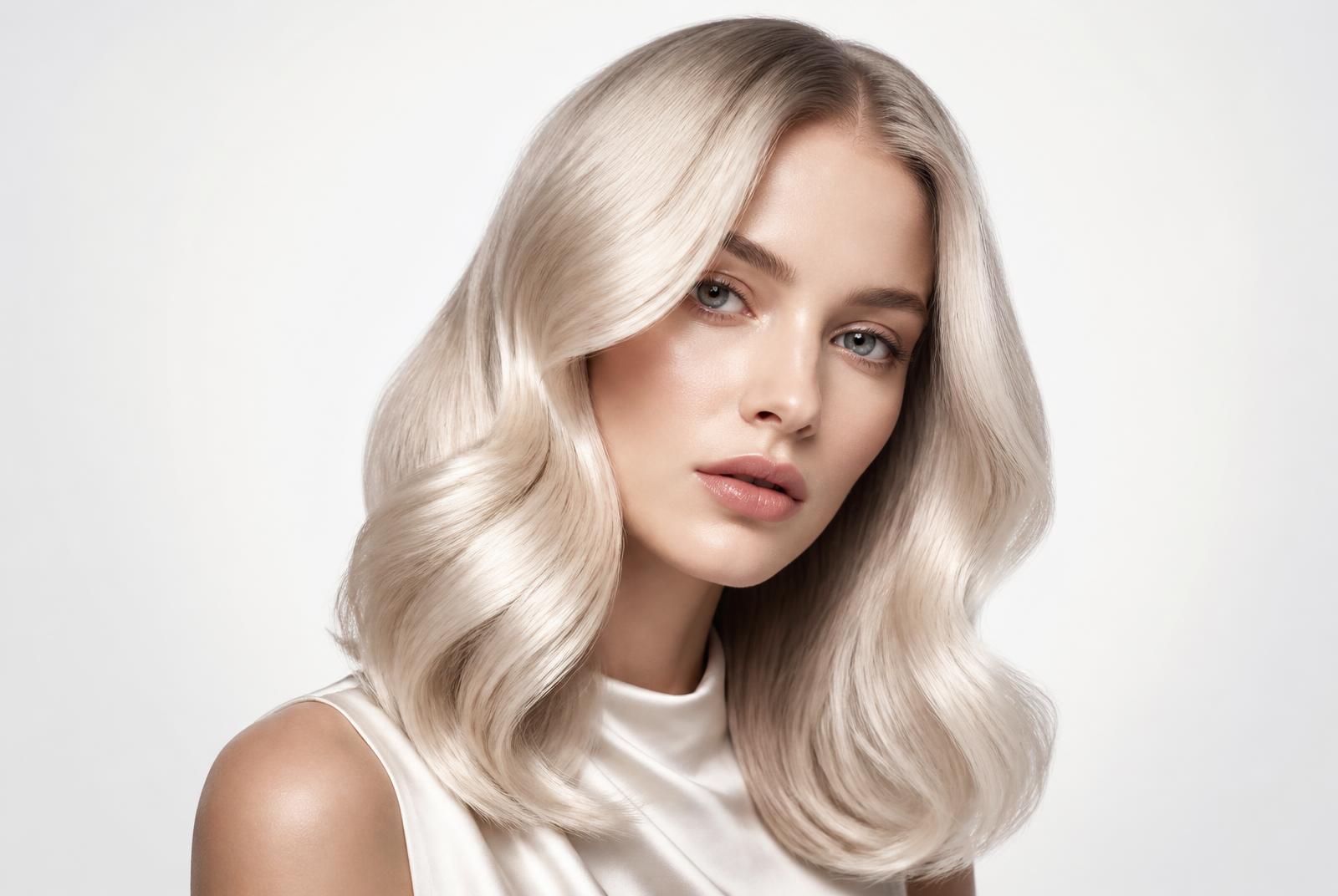 Glossy champagne platinum hair holding its tone, photographed in Utah