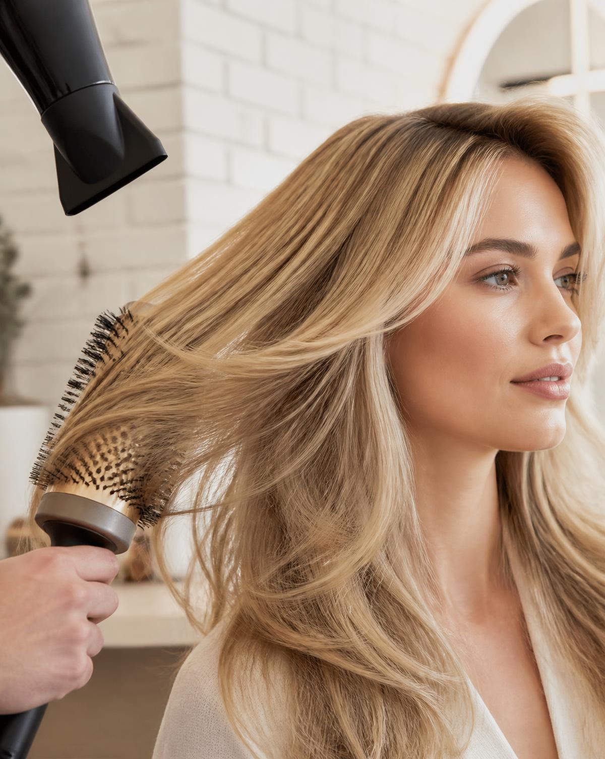 Stylist smoothing blonde hair with a round brush during a blow dry at Wicked Hair in Utah