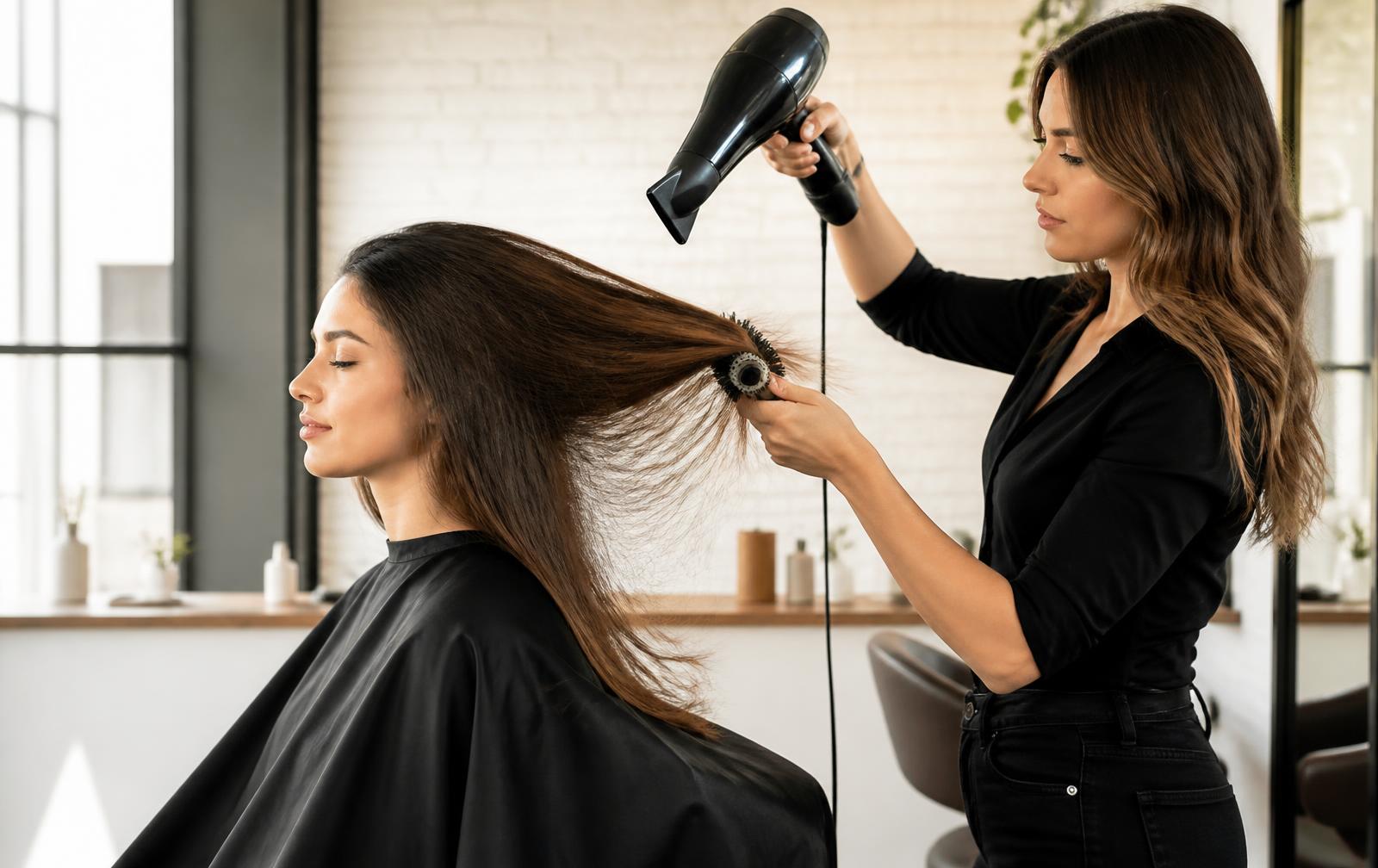 Stylist blow drying long glossy hair with a round brush at Wicked Hair in Utah