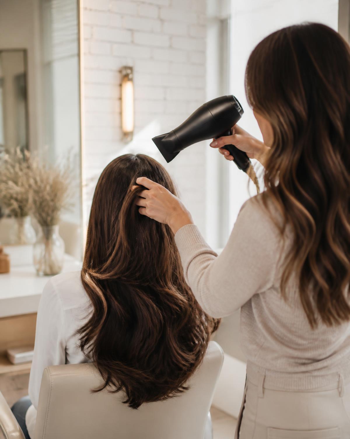 Stylist lifting brunette roots for volume during a blow dry at Wicked Hair in Utah