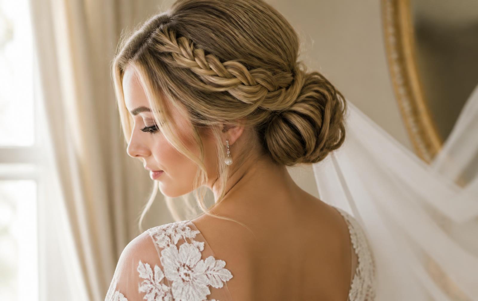 Blonde bride with a braided low chignon, wedding hair by Wicked Hair in Utah