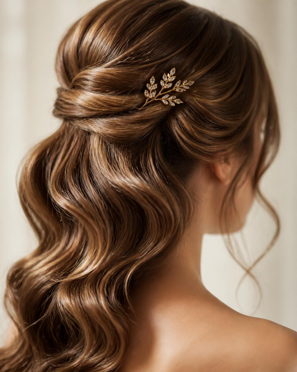 Glossy bridal waves with a gold hair pin by Laila Grigley at Wicked Hair