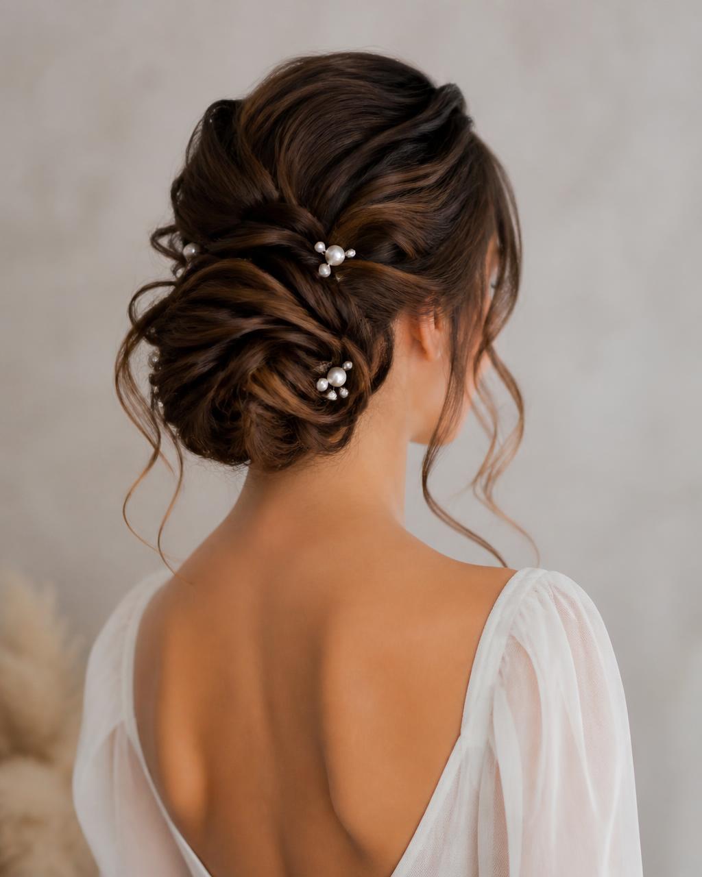 Soft brunette bridal updo with pearl pins, styled at Wicked Hair in Utah