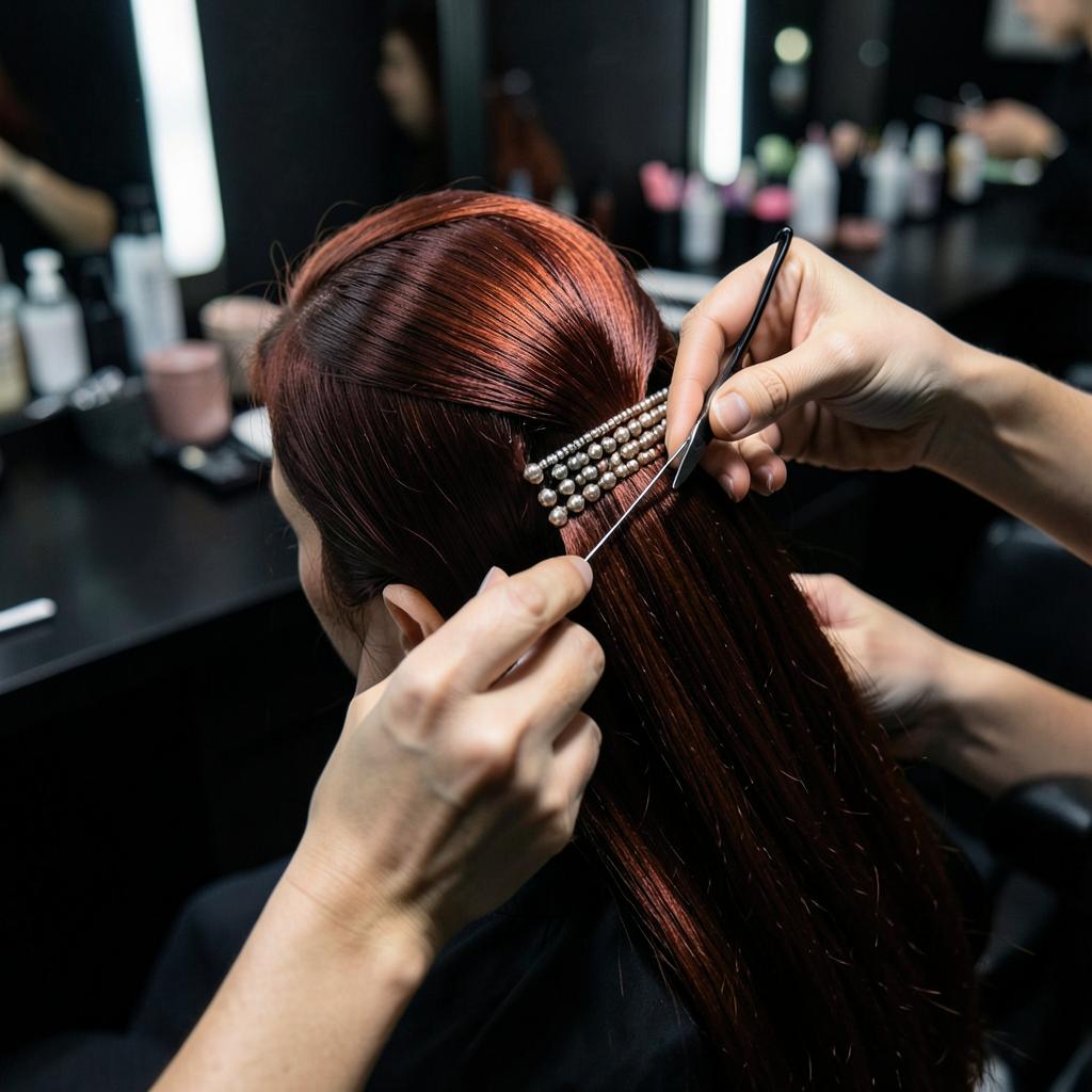 Beaded weft hair extension install on copper red hair at Wicked Hair, Utah