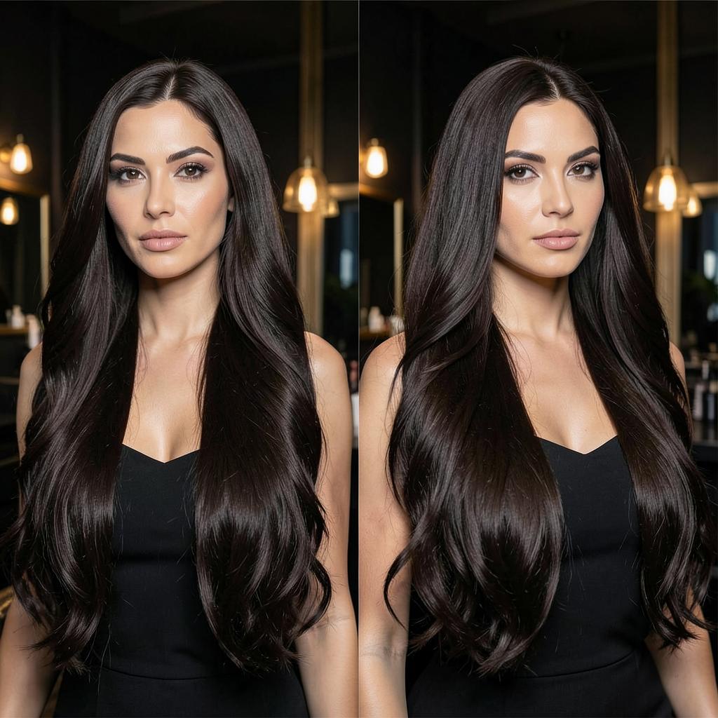 Finished long dark brown hair extensions, full and blended, by Wicked Hair salon Utah