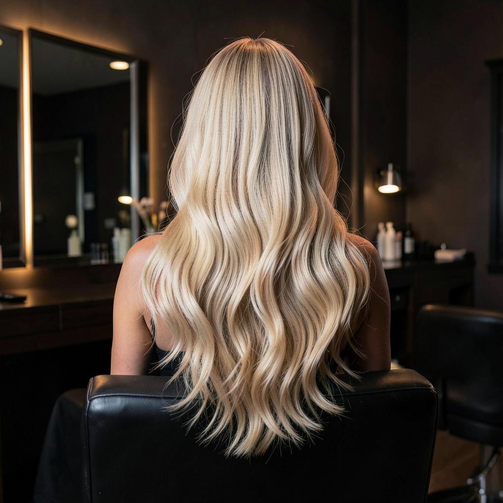 Long blonde balayage hair extensions by Wicked Hair salon in Utah