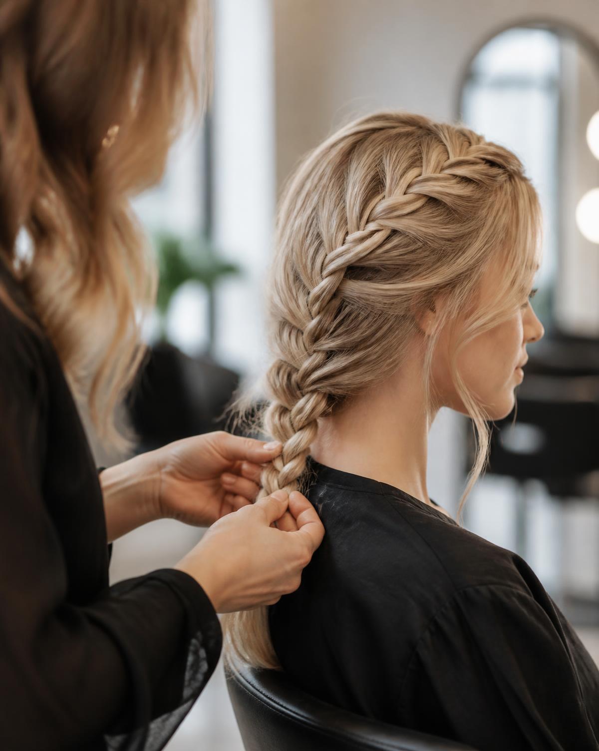 Stylist braiding long blonde hair into a soft side braid at Wicked Hair in Utah