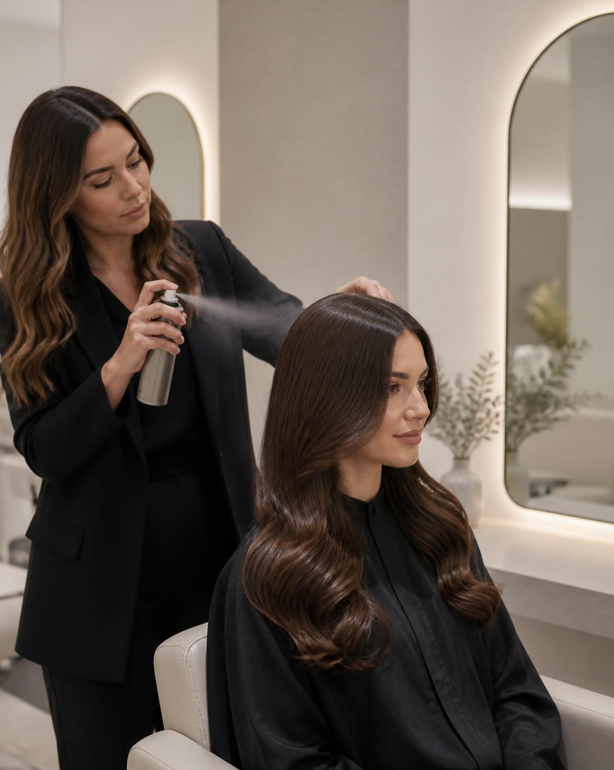 Stylist setting glossy brunette waves with Keune finishing spray at Wicked Hair in Utah