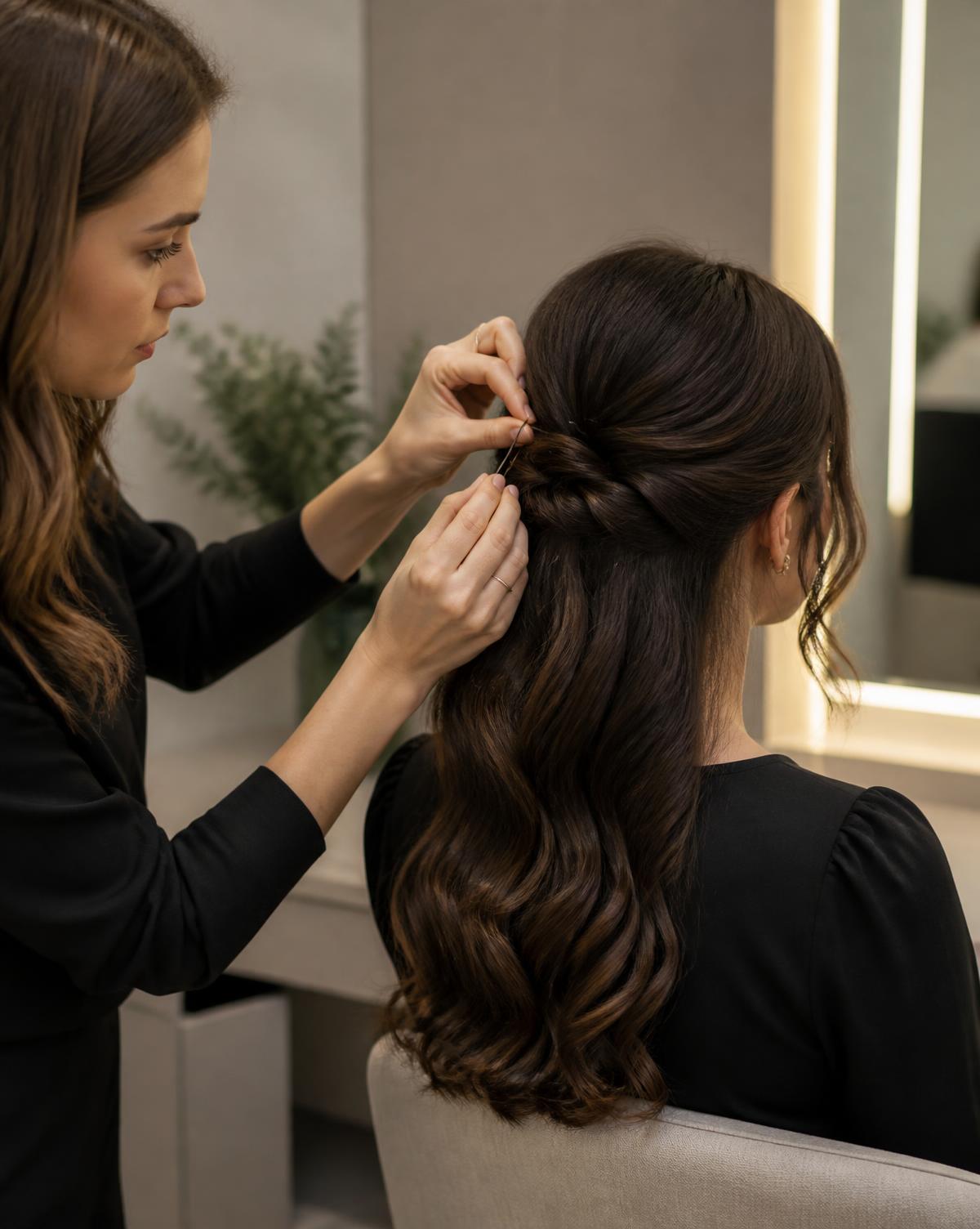 Stylist pinning a soft brunette half up style at Wicked Hair in Utah