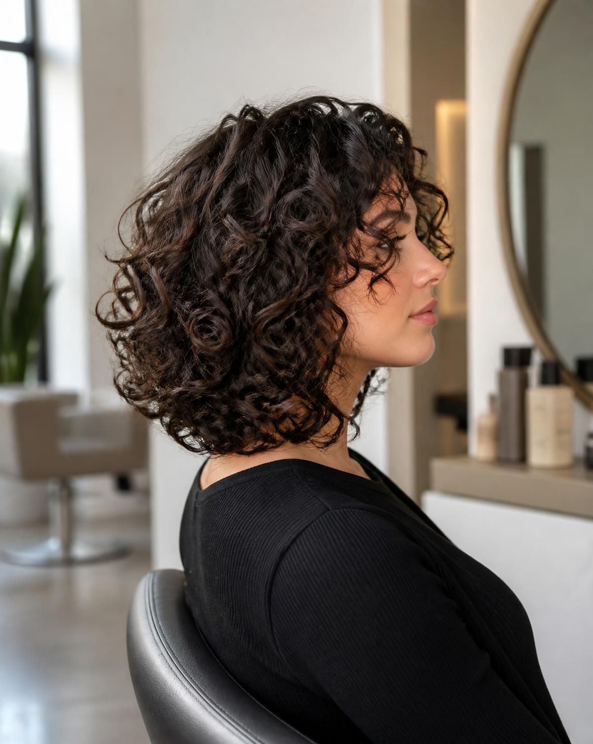 Finished curly cut with defined springy curls on dark hair at Wicked Hair in Utah