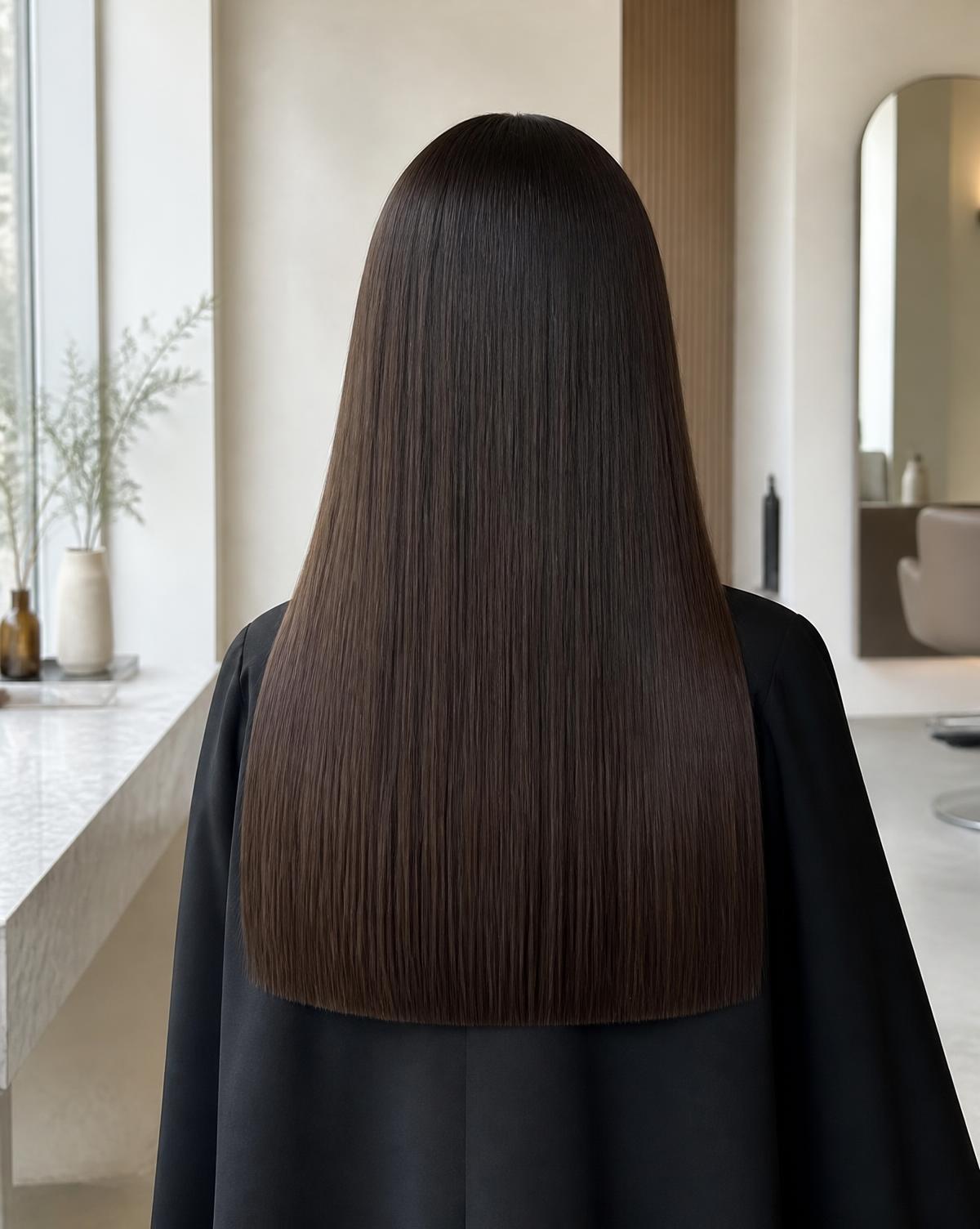 Finished long blunt cut on glossy dark brunette hair at Wicked Hair in Utah