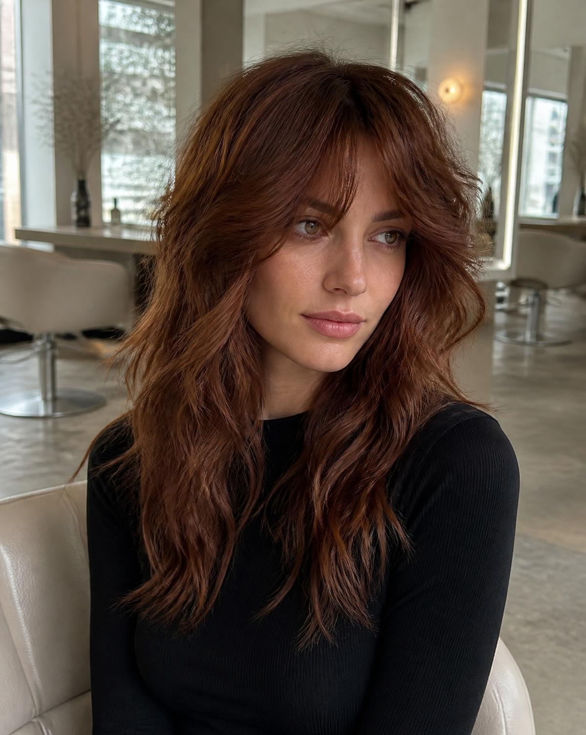 Finished textured shag with curtain fringe on copper hair at Wicked Hair in Utah