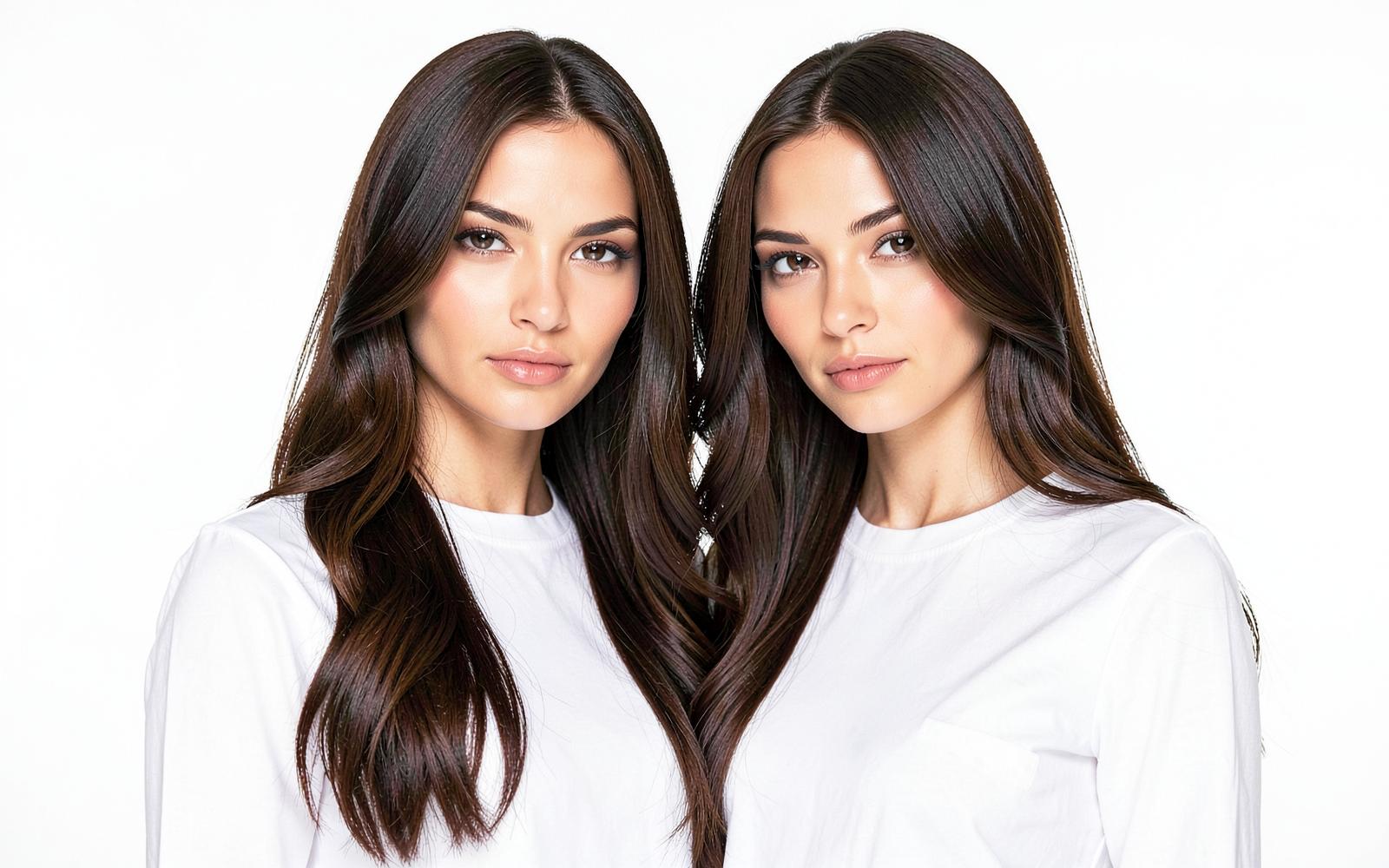 Two models with glossy dimensional brunette balayage hair coloured at Wicked Hair salon in Utah