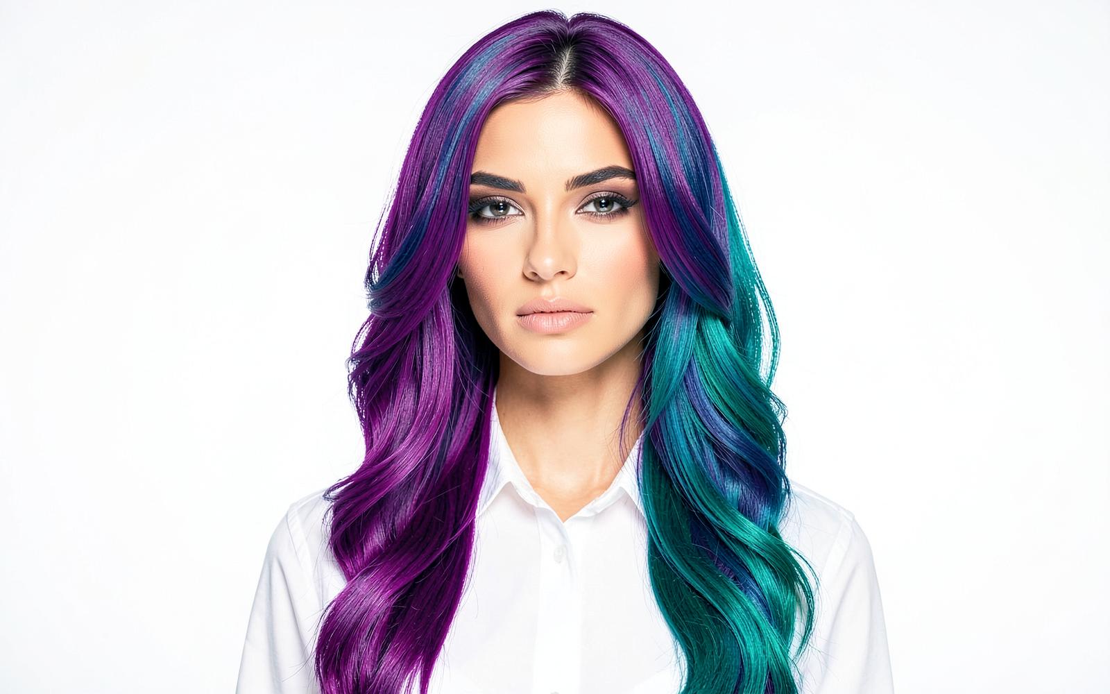 Model with long violet and teal exotic fashion hair colour created at Wicked Hair salon in Utah