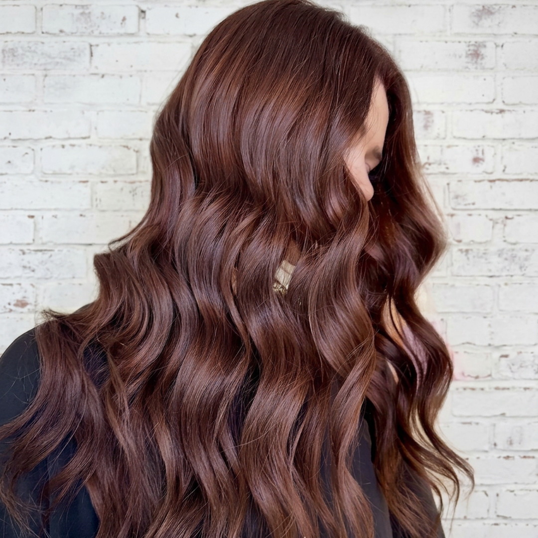 Glossy deep brunette hair color with soft waves by Laila Grigley in Draper Utah.