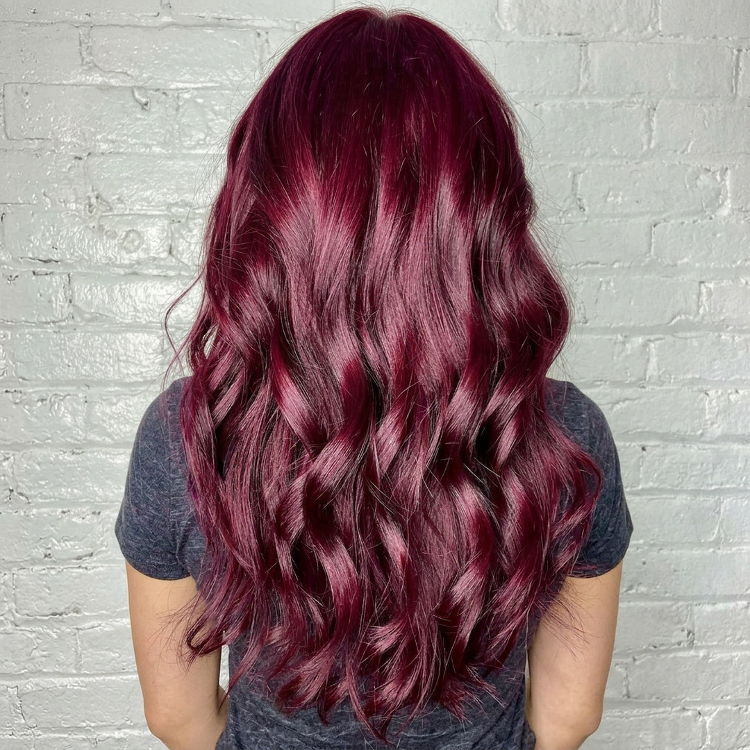 Berry magenta and burgundy long wavy hair colour, vivid colour specialist serving Draper and Sandy, Utah.