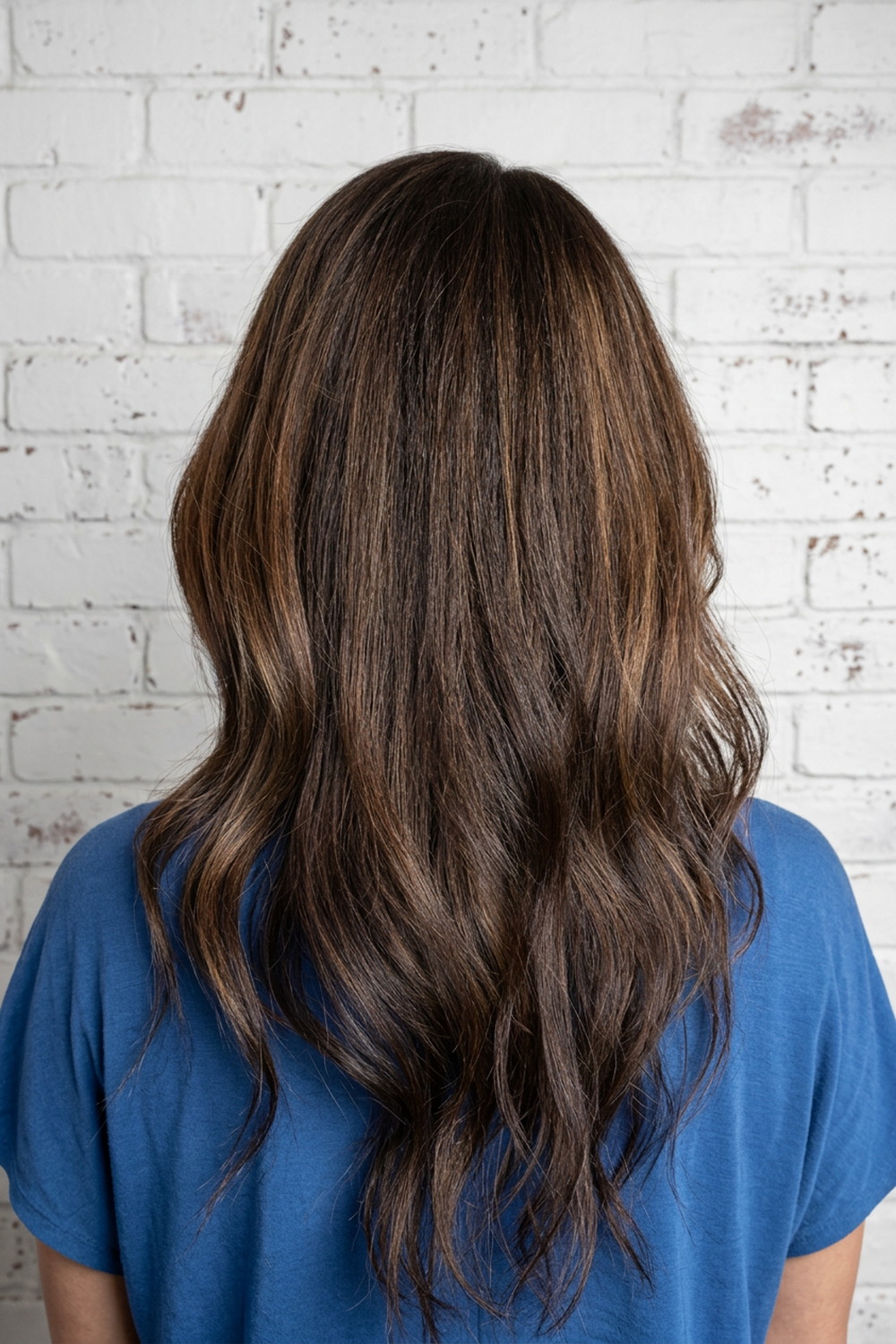 Dark brunette hair with subtle warm highlights and depth, Draper Utah salon Wicked Hair.