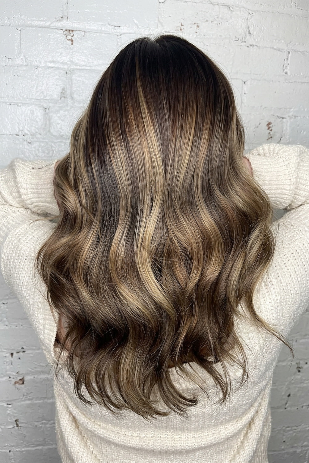 Dark chocolate brunette with caramel ribbon highlights, dimensional brunette colour by Wicked Hair, Utah.
