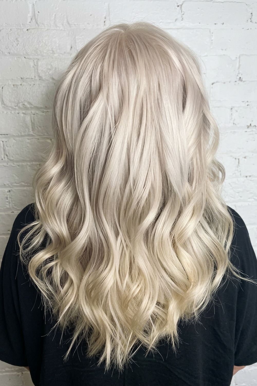 Champagne platinum blonde waves, bright lived-in blonde by a Utah hair colorist.
