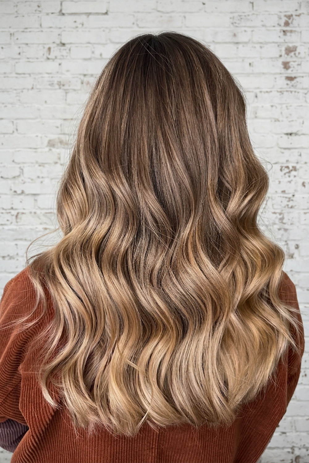 Bronde balayage with a dark root and beige lengths, lived-in blonde colour in Utah.